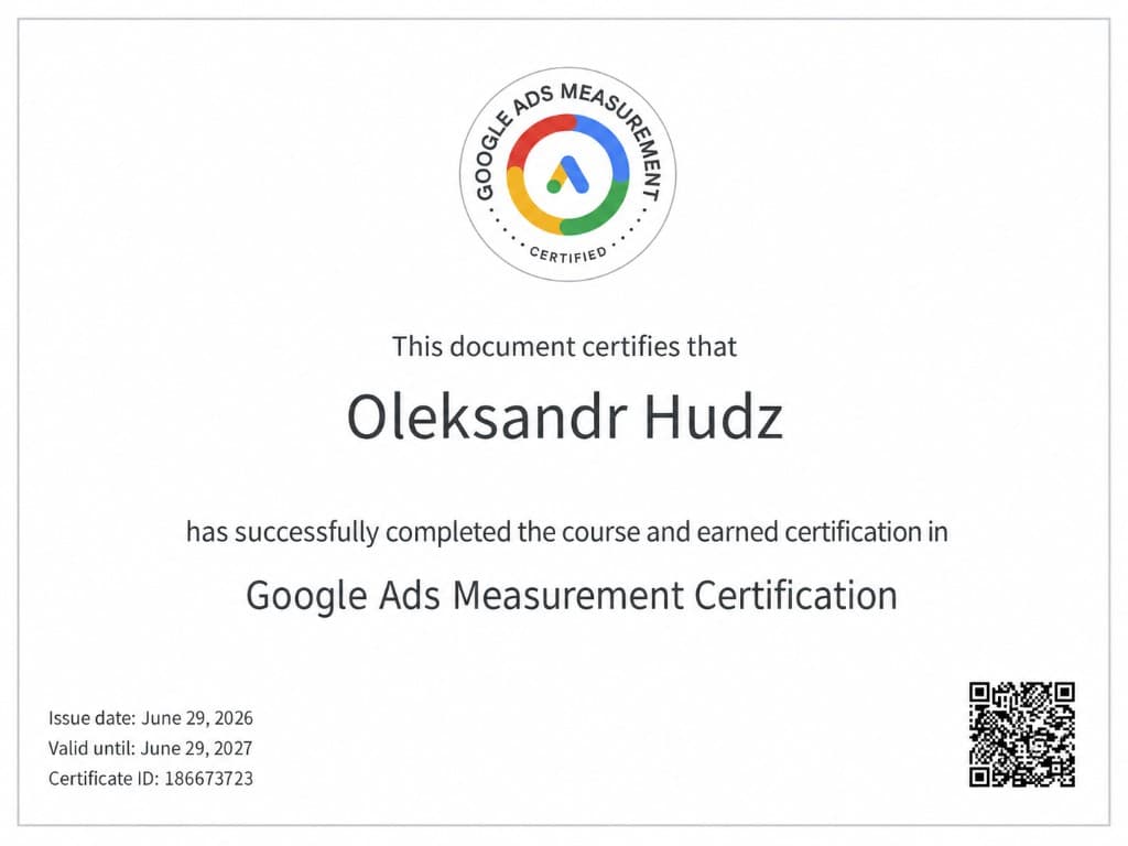 Zertifikat Google Ads Measurement Certification — Oleksandr Hudz, gültig bis 29. Juni 2027